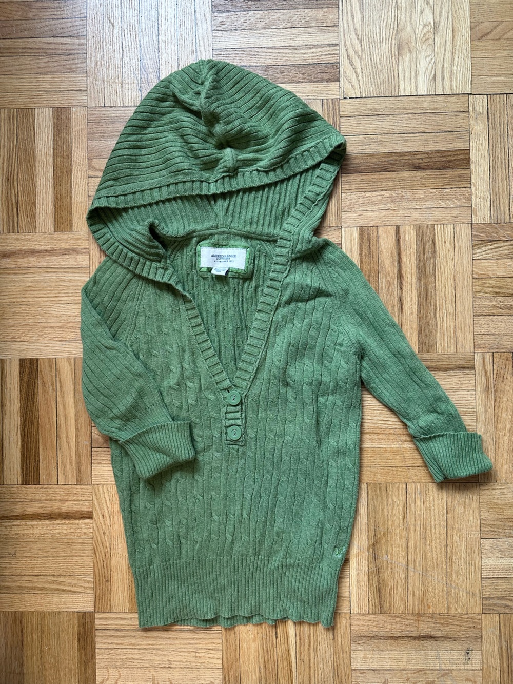 American Eagle Outfitters Olive Green Cable-Knit Hooded Sweater